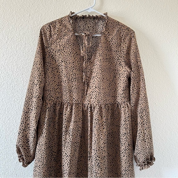 Light Brown Black Polkadot Long Sleeve Dress Fits Women S-M - Picture 3 of 8
